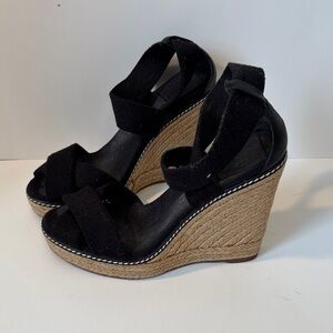 Tory Burch Black and Tan Wedge Sandals